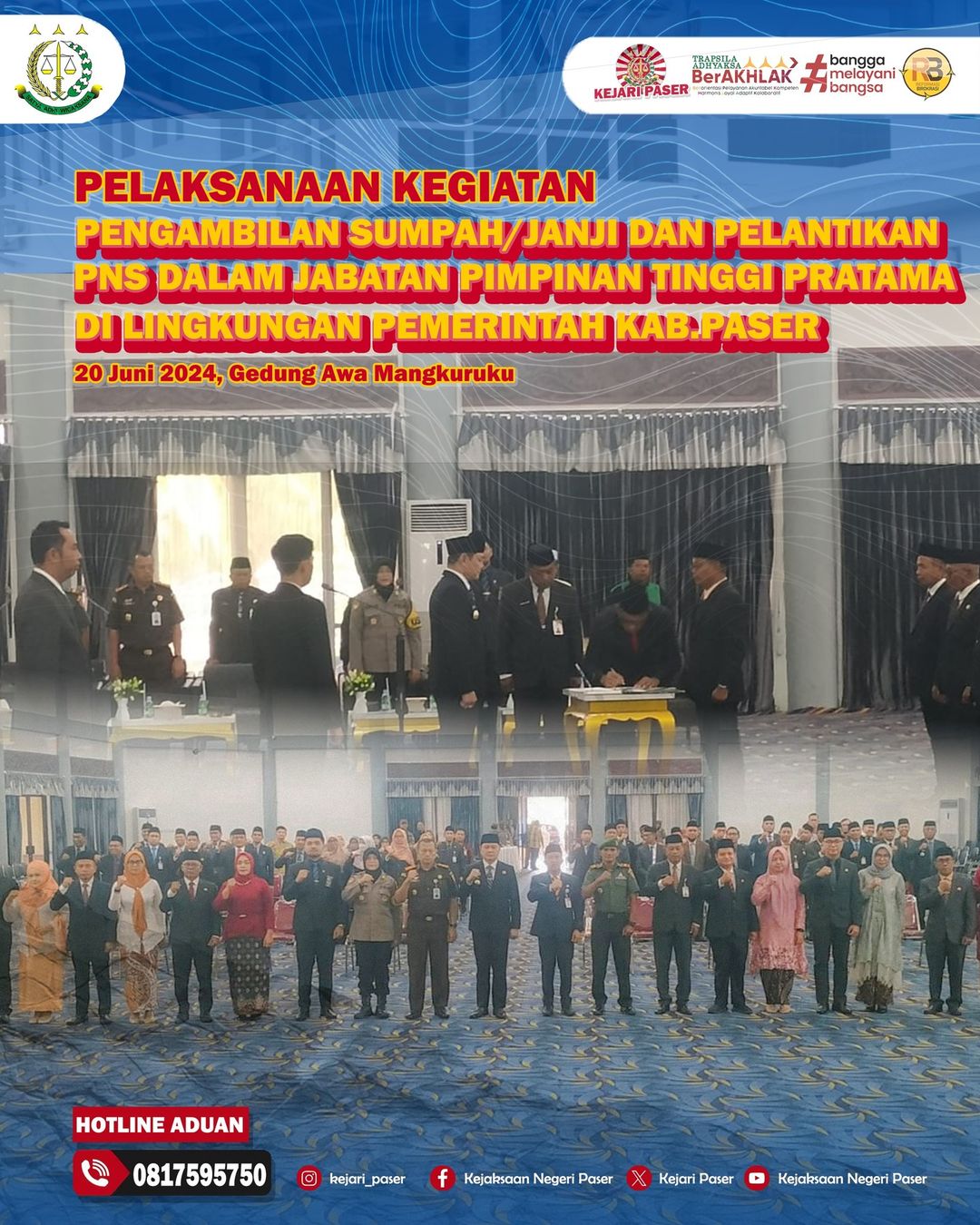 Pelaksaan Kegiatan Pengambilan Sumpah/Janji dan Pelantikan PNS dalam Jabatan Pimpinan Tinggi Pratama di Lingkungan Pemerintah Kabupaten Paser