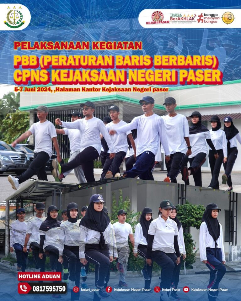 Kegiatan Pelatihan Baris-berbaris (PBB) untuk para CPNS di Kejaksaan Negeri Paser. Pelatihan berlangsung dari tanggal 5-7 Juni 2024,kegiatan diikuti oleh seluruh CPNS Kejari Paser yang berjumlah 14 orang dan dilatih langsung oleh perwakilan dari TNI AL.