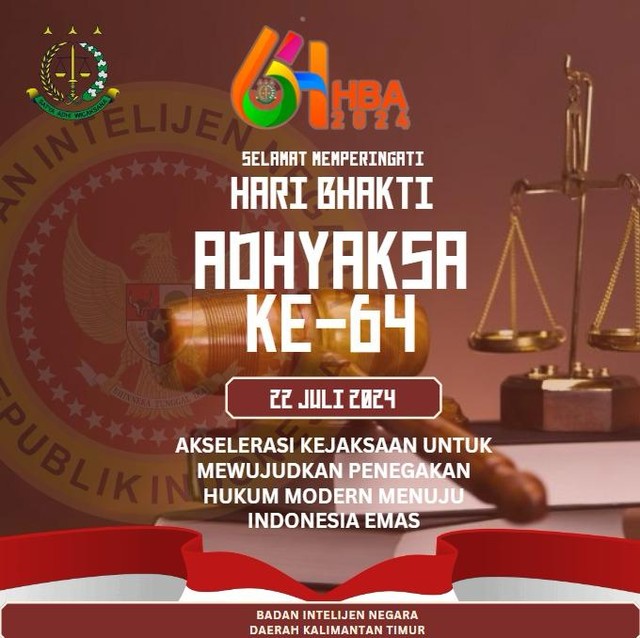 Badan Intelijen Negara Paser mengucapkan :  Selamat Memperingati Hari Bhakti Adhyaksa ke - 64 tahun 2024 "Akselerasi Kejaksaan untuk Mewujudkan Penegakan Hukum Modern Menuju Indonesia Emas"