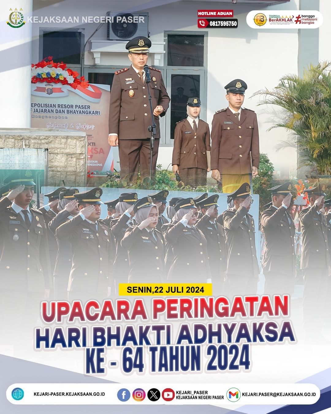Upacara Memperingati Hari Bhakti Adhyaksa Ke - 64 Tahun 2024 dengan tema "Akselerasi Kejaksaan untuk Mewujudkan Penegakan Hukum Modern Menuju Indonesia Emas"