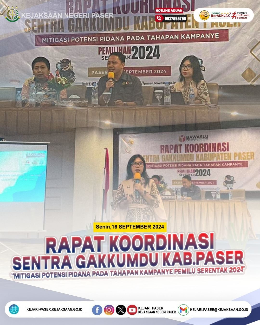 menjadi Narasumber dalam Rakor Sentra Gakkumdu Kabupaten paser dengan membawakan materi Teknik Klarifikasi dalam Rapat Kerja Mitigasi Potensi Pidana dalam Pilkada Serentak 2024