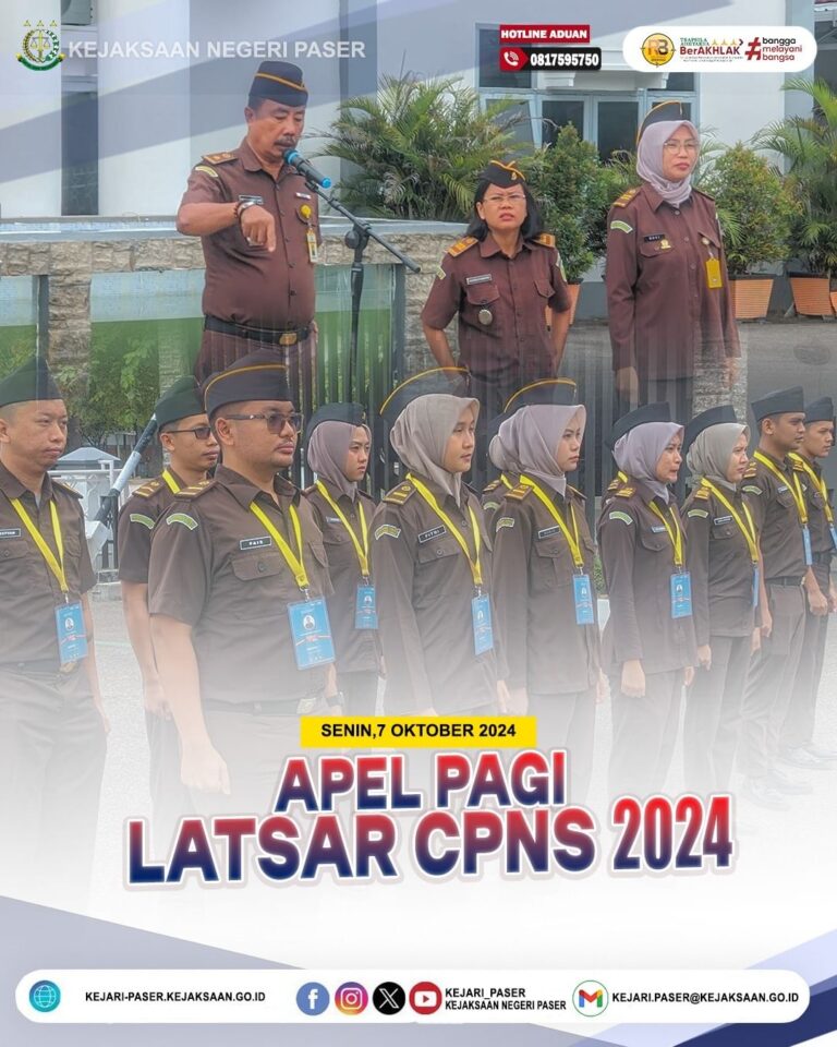 Senin, tanggal 7 Oktober 2024 , Bapak. Kasubagbin Muh. Zainal, S.H. memimpin Apel Pelaksanaan Pelatihan Dasar CPNS Tahun 2024 yang di ikuti Seluruh CPNS 2023 pada Kejaksaan Negeri Paser, bertempat di Halaman Kantor Kejaksaan Negeri Paser.