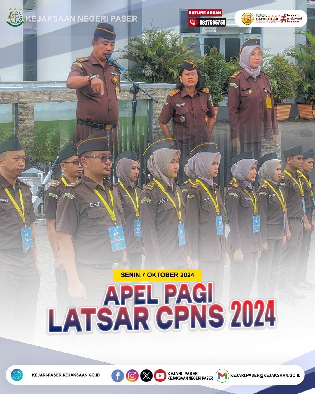 Senin, tanggal 7 Oktober 2024 , Bapak. Kasubagbin Muh. Zainal, S.H. memimpin Apel Pelaksanaan Pelatihan Dasar CPNS Tahun 2024 yang di ikuti Seluruh CPNS 2023 pada Kejaksaan Negeri Paser, bertempat di Halaman Kantor Kejaksaan Negeri Paser.