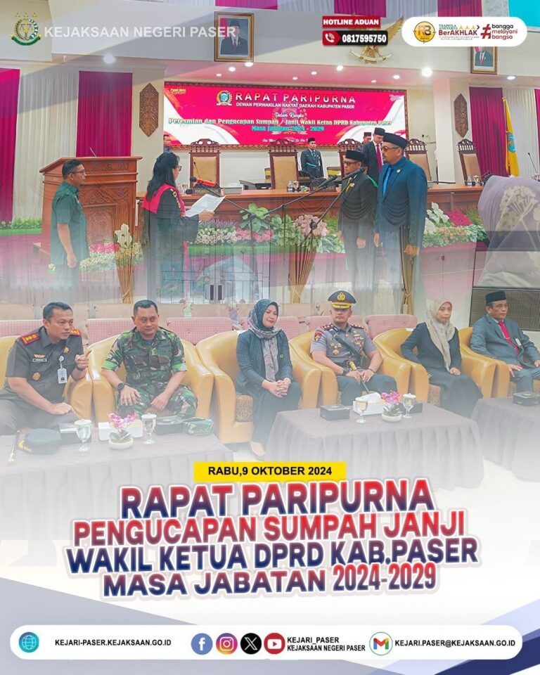 menghadiri Rapat Paripurna Dalam Rangka Pengucapan Sumpah Janji Wakil Ketua DPRD Kabupaten Paser Masa Jabatan 2024-2029.