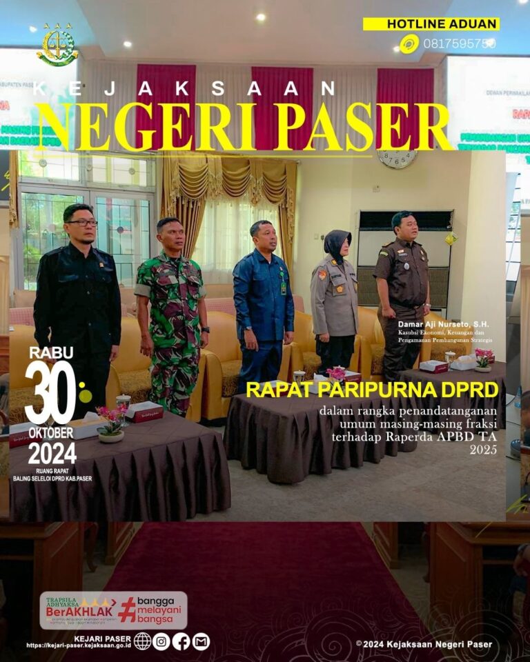 kegiatan Rapat Paripurna DPRD Kabupaten Paser dalam rangka penandatanganan umum masing-masing fraksi terhadap Raperda APBD TA 2025