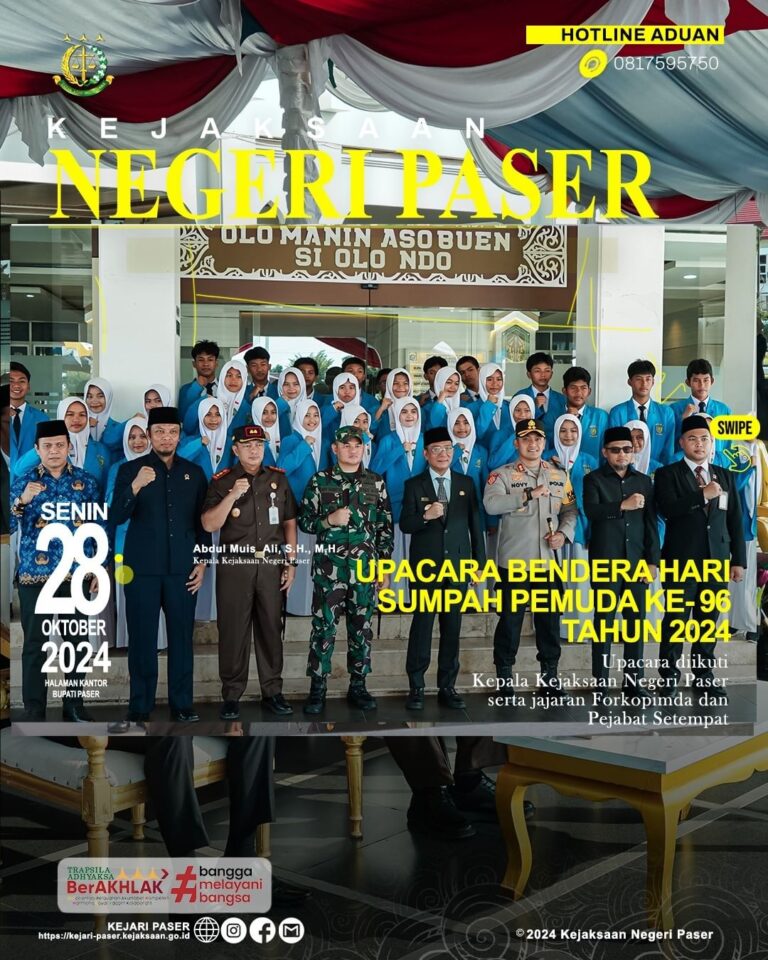 mengikuti Upacara Bendera dan Penyerahan Simbolis Piagam Penghargaan Kepemudaan Tahun 2024 yang diikuti jajaran forkopimda serta pejabat setempat dalam rangka Peringatan Hari Sumpah Pemuda ke-96 Tahun 2024
