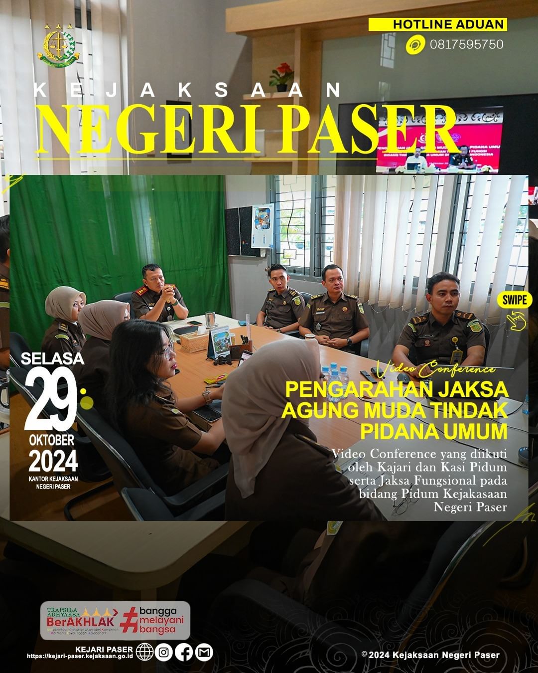 kegiatan vicon Pengarahan Jaksa Agung Muda Tindak Pidana Umum dalam rangka Penguatan Tugas dan Fungsi bidang Tindak Pidana Umum di Seluruh Indonesia