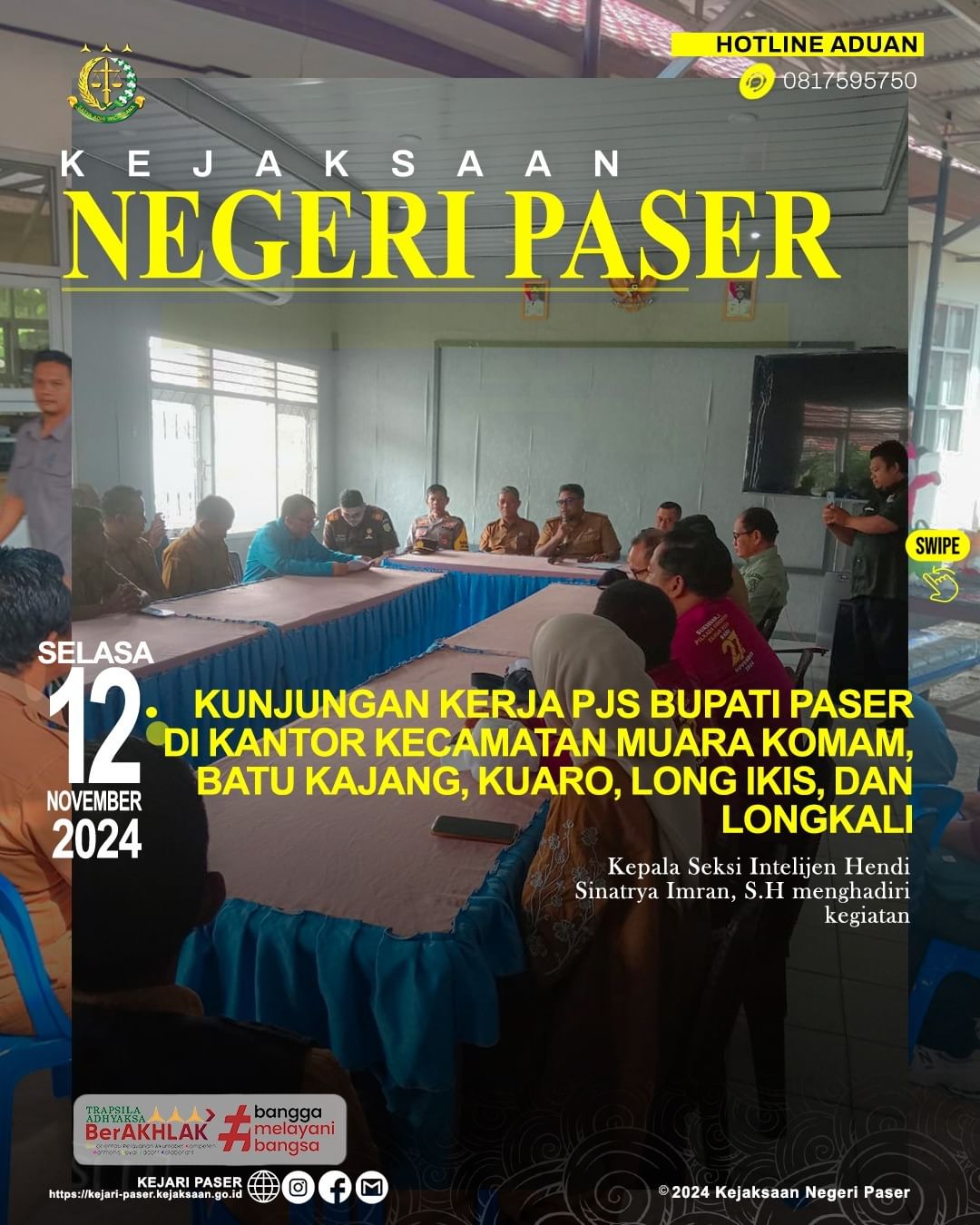 Kegiatan Kunjungan Kerja Pejabat Sementara (Pjs.) Bupati Paser ke Kantor Kecamatan Muara Komam, Batu Kajang, Kuaro, Long Ikis, dan Long Kali dalam Rangka Persiapan Pilkada Serentak 2024.
