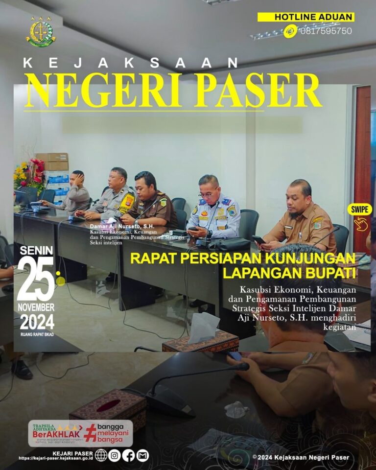 Rapat persiapan Kunjungan Lapangan Bupati bersama Unsur Forkopimda Kab. Paser ke TPS di wilayah kecamatan di Kab. Paser serta persiapan Video Conference (Vicon) Pj. Gubernur Kaltim bersama Unsur Forkopimda Prov. Kaltim dengan Bupati/Walikota bersama Unsur Forkopimda Prov. Kaltim dengan Bupati/ Walikota bersama Unsur Forkopimda Kabupaten/Kota se-Kaltim