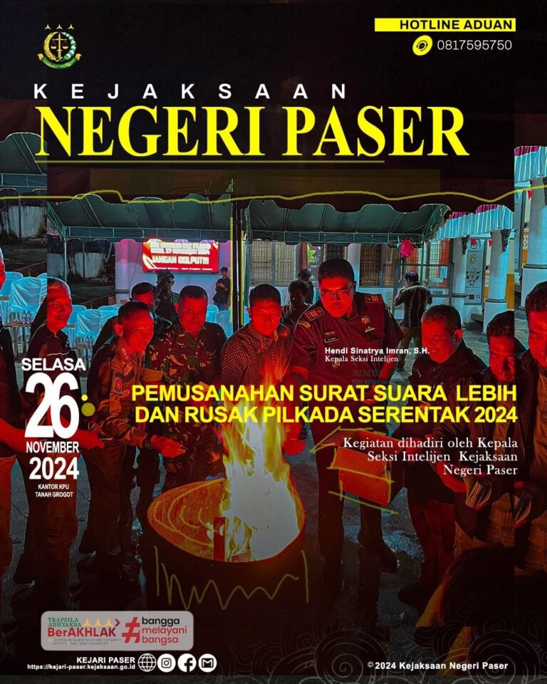 Pemusnahan Surat Suara Lebih dan Rusak Pilkada Serentak 2024 Kabupaten Paser.