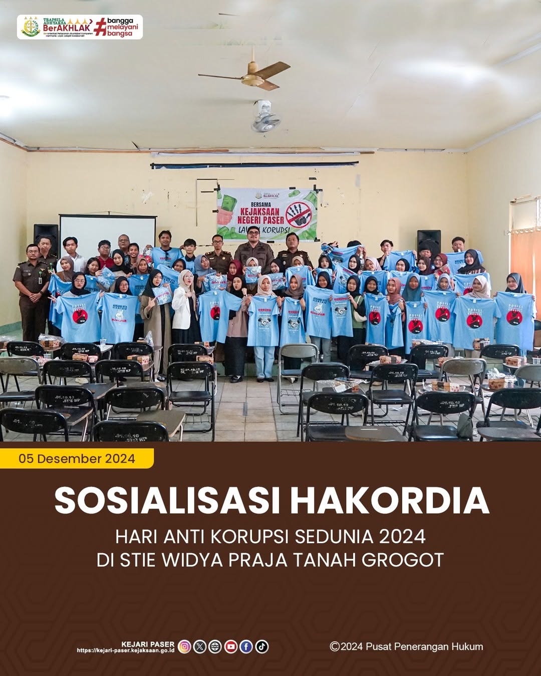 kegiatan Sosialisasi HAKORDIA (Hari Anti Korupsi Sedunia) Tahun 2024 dengan Tema "Teguhkan Komitmen Berantas Korupsi untuk Indonesia Maju" Melalui Bidang Intelijen. Kegiatan ini bertujuan untuk meningkatkan kesadaran generasi muda mengenai pentingnya integritas dan nilai-nilai antikorupsi sebagai upaya membangun masa depan bangsa yang bersih dan berkeadilan.