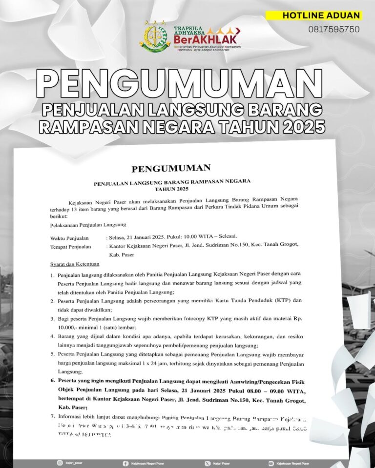 PENGUMUMAN PENJUALAN LANGSUNG BARANG RAMPASAN NEGARA TAHUN 2025