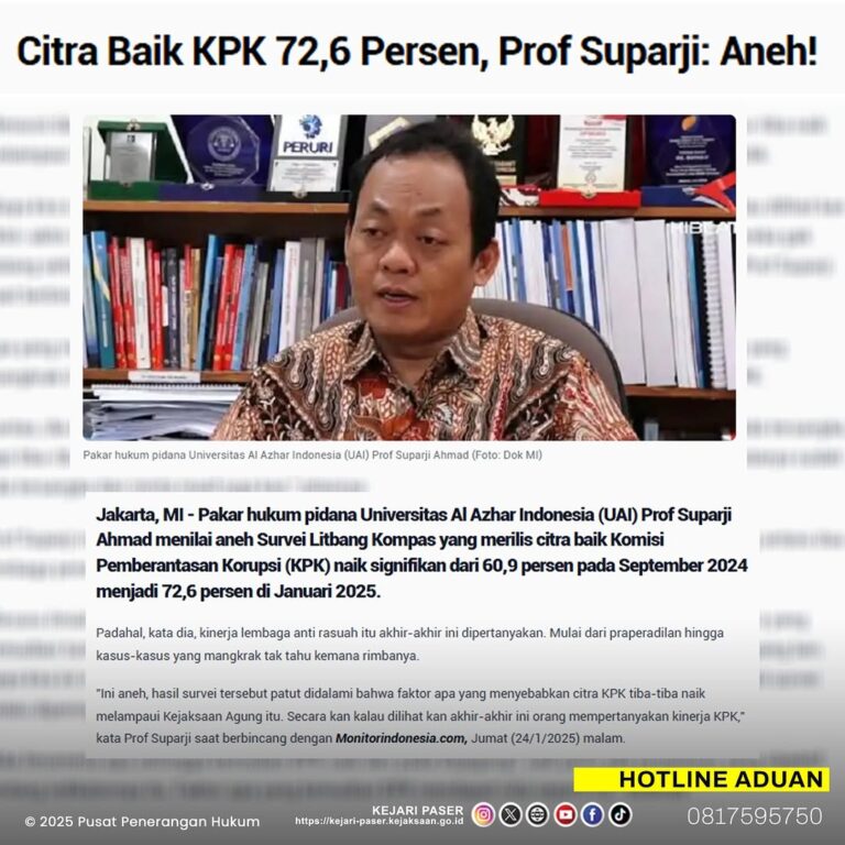 Citra Baik KPK 72,6 Persen, Prof Suparji: Aneh!  akarta, MI - Pakar hukum pidana Universitas Al Azhar Indonesia (UAI) Prof Suparji Ahmad menilai aneh Survei Litbang Kompas yang merilis citra baik Komisi Pemberantasan Korupsi (KPK) naik signifikan dari 60,9 persen pada September 2024 menjadi 72,6 persen di Januari 2025. Padahal, kata dia, kinerja lembaga anti rasuah itu akhir-akhir ini dipertanyakan. Mulai dari praperadilan hingga kasus-kasus yang mangkrak tak tahu kemana rimbanya.  "Ini aneh, hasil survei tersebut patut didalami bahwa faktor apa yang menyebabkan citra KPK tiba-tiba naik melampaui Kejaksaan Agung itu. Secara kan kalau dilihat kan akhir-akhir ini orang mempertanyakan kinerja KPK," kata Prof Suparji saat berbincang dengan Monitorindonesia.com, Jumat (24/1/2025) malam.  Apa yang menjadi indikator sehingga citra KPK naik seperti itu, banyak kasus juga yang mandek di KPK. Di kasus korupsi CSR Bank Indonesia (BI) misalnya. Katanya sudah ada tersangka, tapi tiba-tiba diralat dan sampai mereka minta maaf.  "Aneh saja ada satu perkara yang diusut dan katanya sudah ada tersangka dan minta maaf juga kan," lanjutnya.  Sementara di Kejaksaan Agung, kata dia, menangani perkara yang kemudian tuntas sampai putusan banding pengadilan. Misalnya kasus timah atau kasus-kasus yang lain.  Selengkapnya : https://monitorindonesia.com/hukum/read/2025/01/601955/citra-baik-kpk-72-6-persen-prof-suparji-aneh 4d