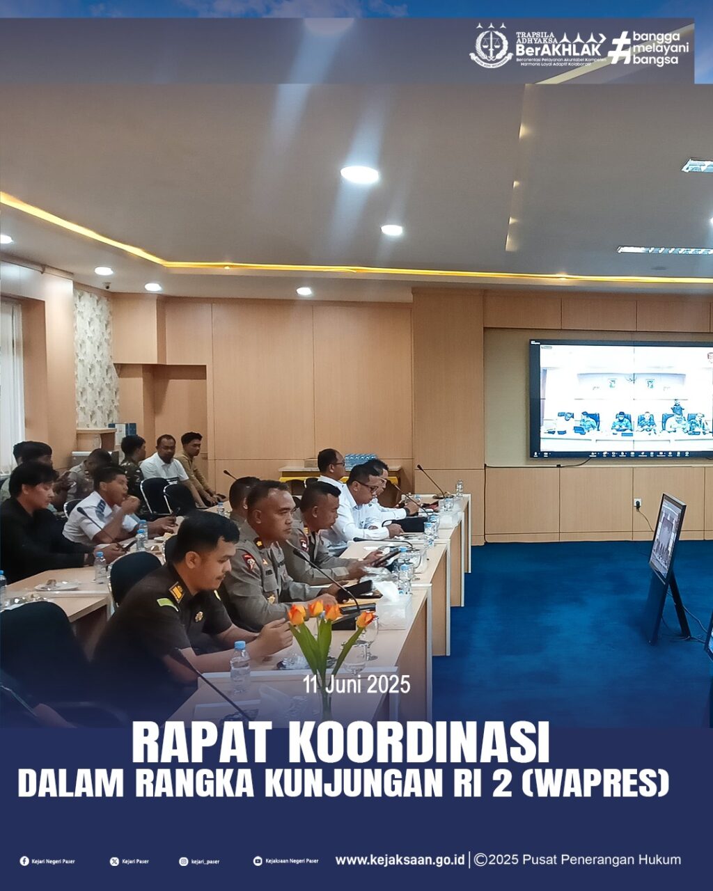 Pada hari Rabu, Tanggal 11 Juni 2025 pukul 16.30 - Selesai bertempat di Ruang Rapat Sadurengas, Kepala Seksi Intelijen Erlando Julimar S.H. menghadiri Rapat Koordsinasi dalam rangka kunjungan RI 2 (Wapres) pada hari Kamis tanggal 12 Juni 2025 di wilayah Kabupaten Paser