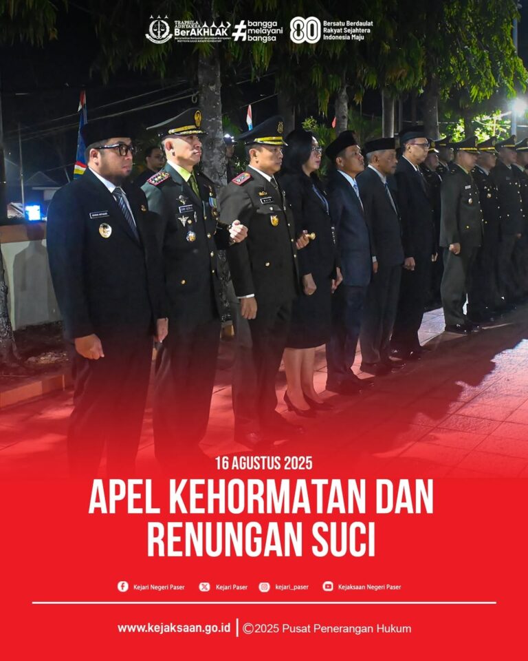 kegiatan Apel Kehormatan dan Renungan Suci bersama Jajaran Forkopimda Kab.Paser yang merupakan rangkaian Kegiatan Peringatan HUT RI ke-80 Tahun 2025