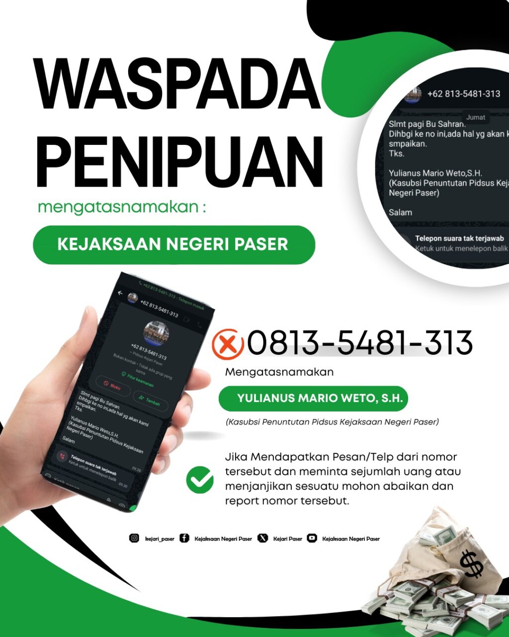 WASPADA !!! MODUS PENIPUAN MENGATASNAMAKAN PEGAWAI KEJAKSAAN NEGERI PASER.