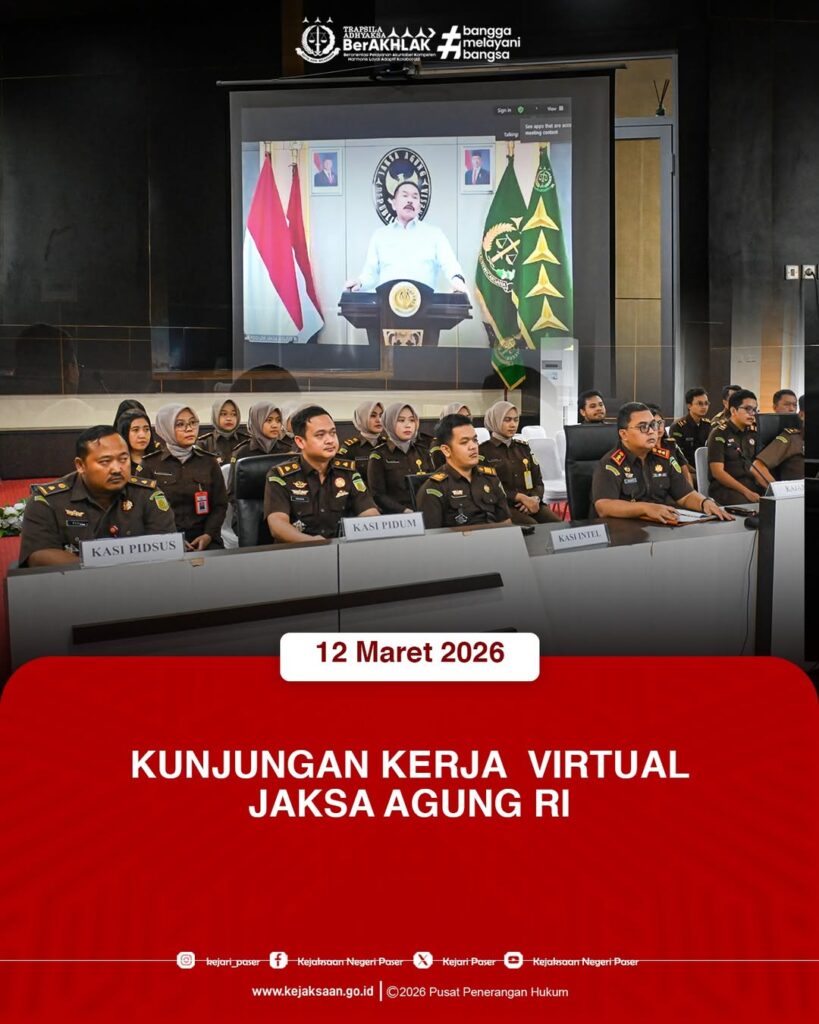 kegiatan Kunjungan Kerja Virtual Jaksa Agung Republik Indonesia yang dilaksanakan secara daring melalui video conference (vicon) dari Aula Kejaksaan Negeri Paser. Kegiatan ini diikuti sebagai bentuk koordinasi serta penguatan pelaksanaan tugas dan fungsi kejaksaan dalam memberikan pelayanan hukum kepada masyarakat.